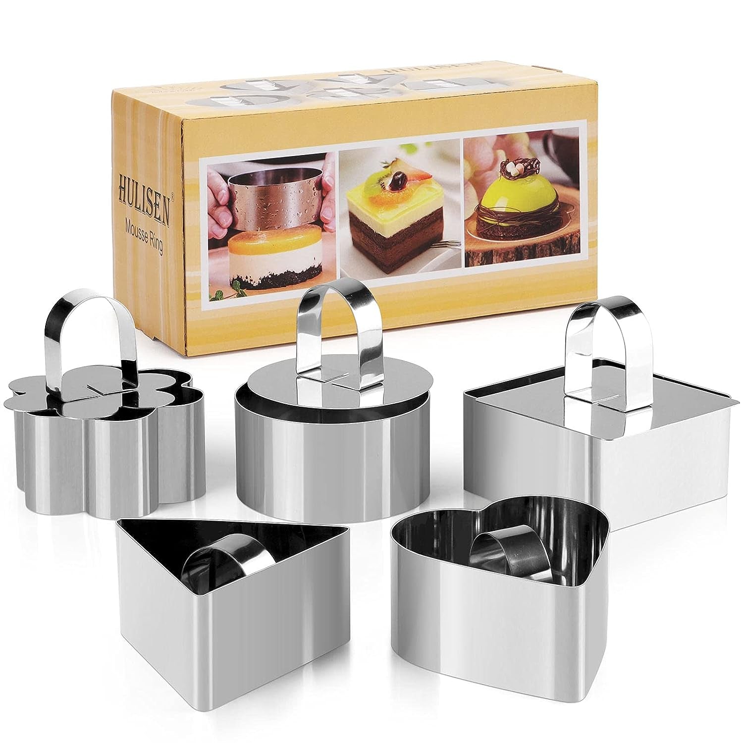 Set of 4 Or 5 Round Cake Ring Mold, Stainless Steel 3 Inch Dessert Mousse Molds with Pusher & Lifter Cooking Rings, Tuna Tartare Mold