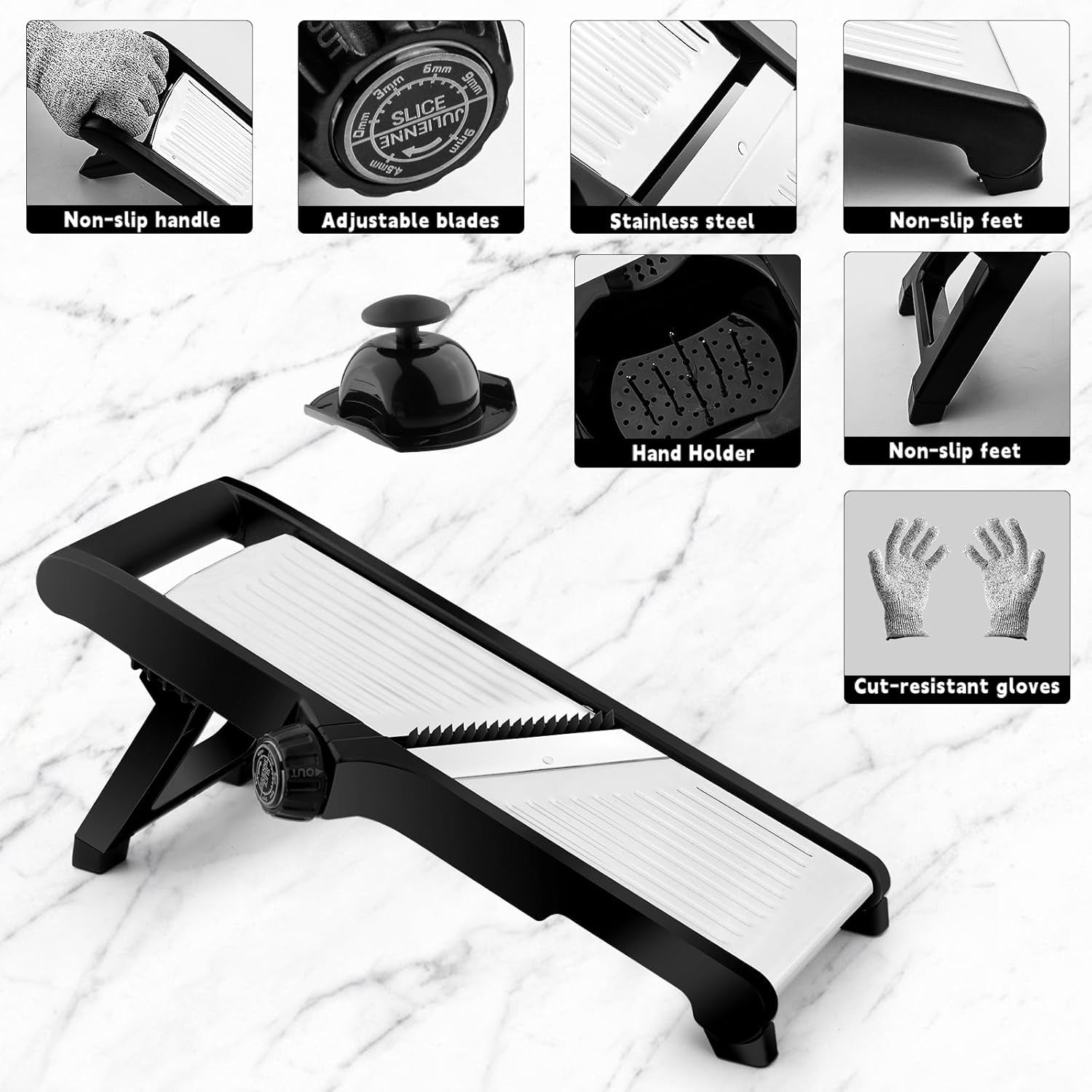 Adjustable Stainless Steel Mandoline Slicer, Chopper  Julienne Cutter with Free Cut-Resistant Gloves