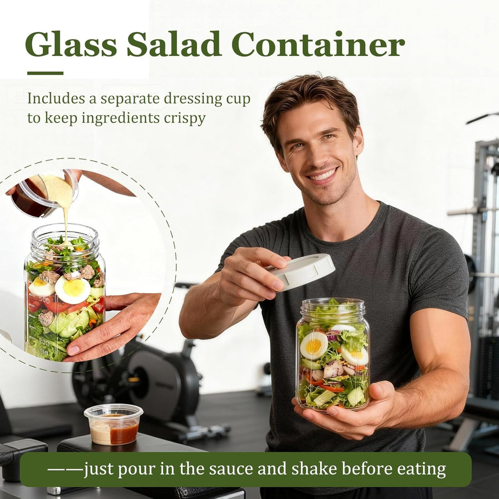 Glass Leakproof Salad Jars With Lids and Dressing Cup