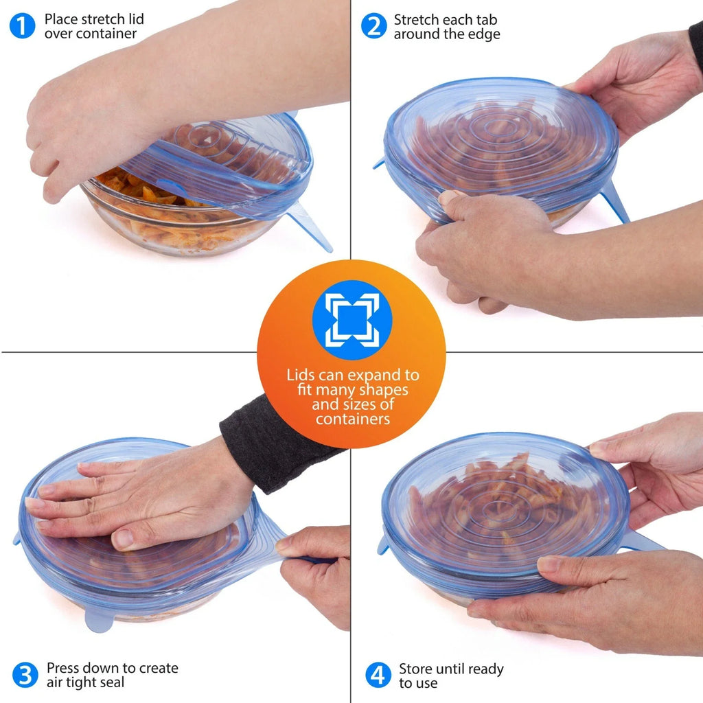 6 Pcs Reusable Silicone Lids Kitchen Fresh Food Storage Stretch Wraps Seal Cover