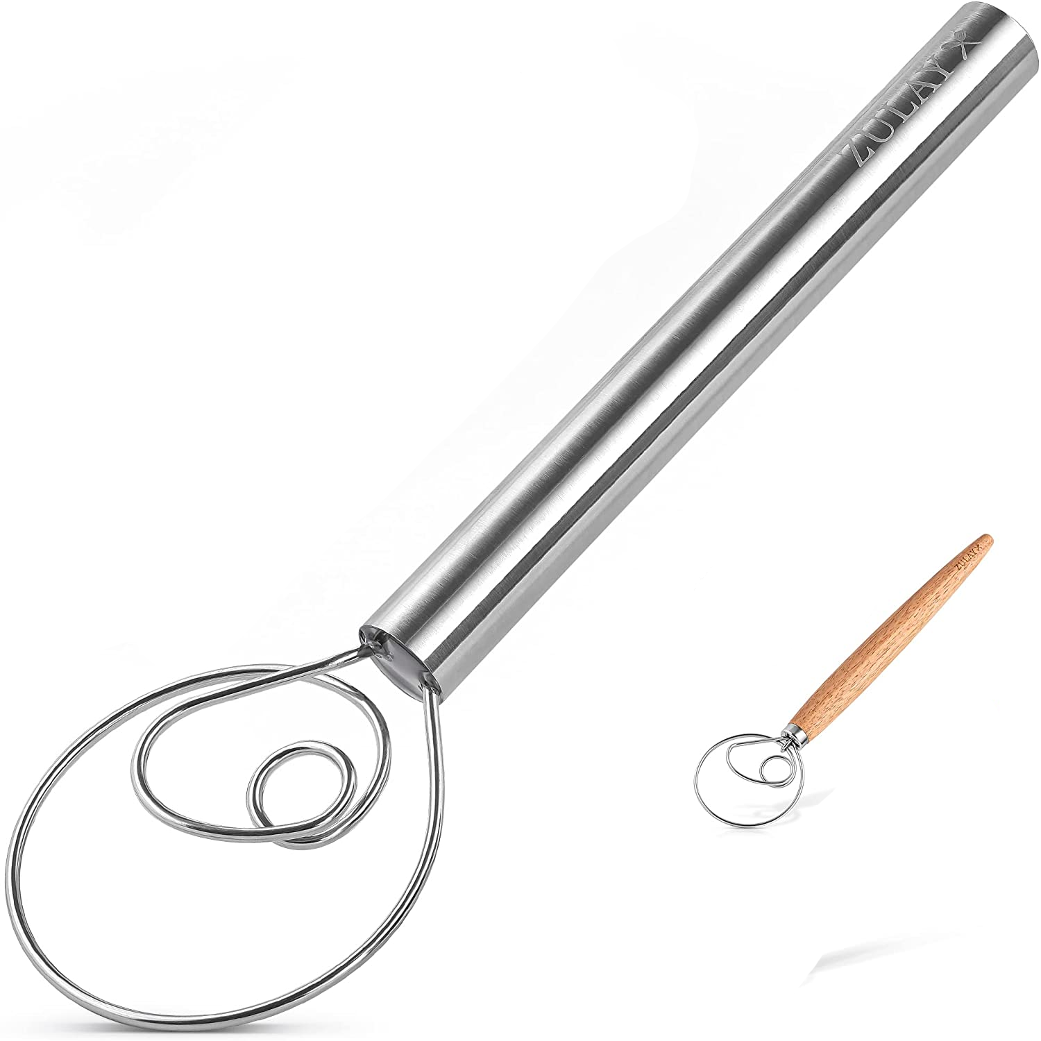 13 Inch Danish Dough Whisk - Large Wooden or Stainless Steel Whisk with Stainless Steel Ring