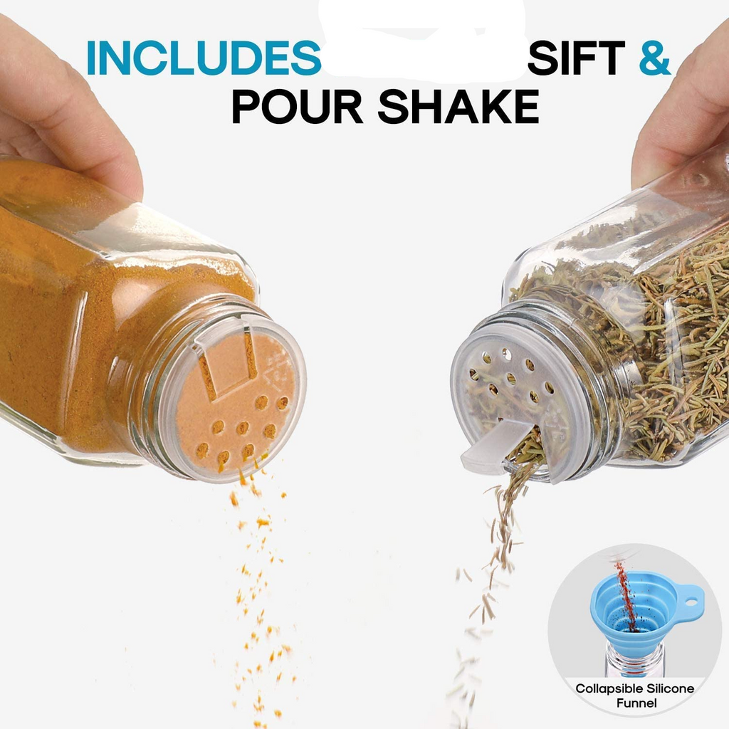 24 Pcs, 4oz Glass Spice Jars/Bottles With Spice Labels, Shaker Lids & Airtight Metal Caps - Silicone Collapsible Funnel Included