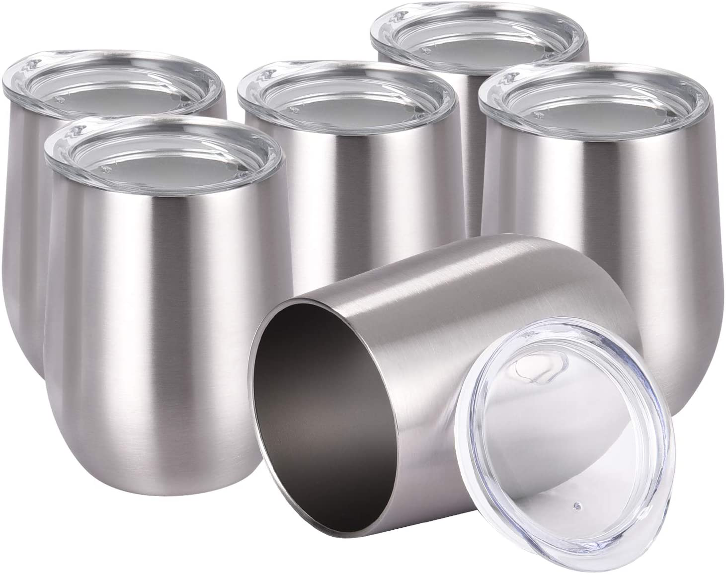 6 Pack 12Oz Stainless Steel, Stemless Wine Tumbler, Glasses Set with Lid & Straw