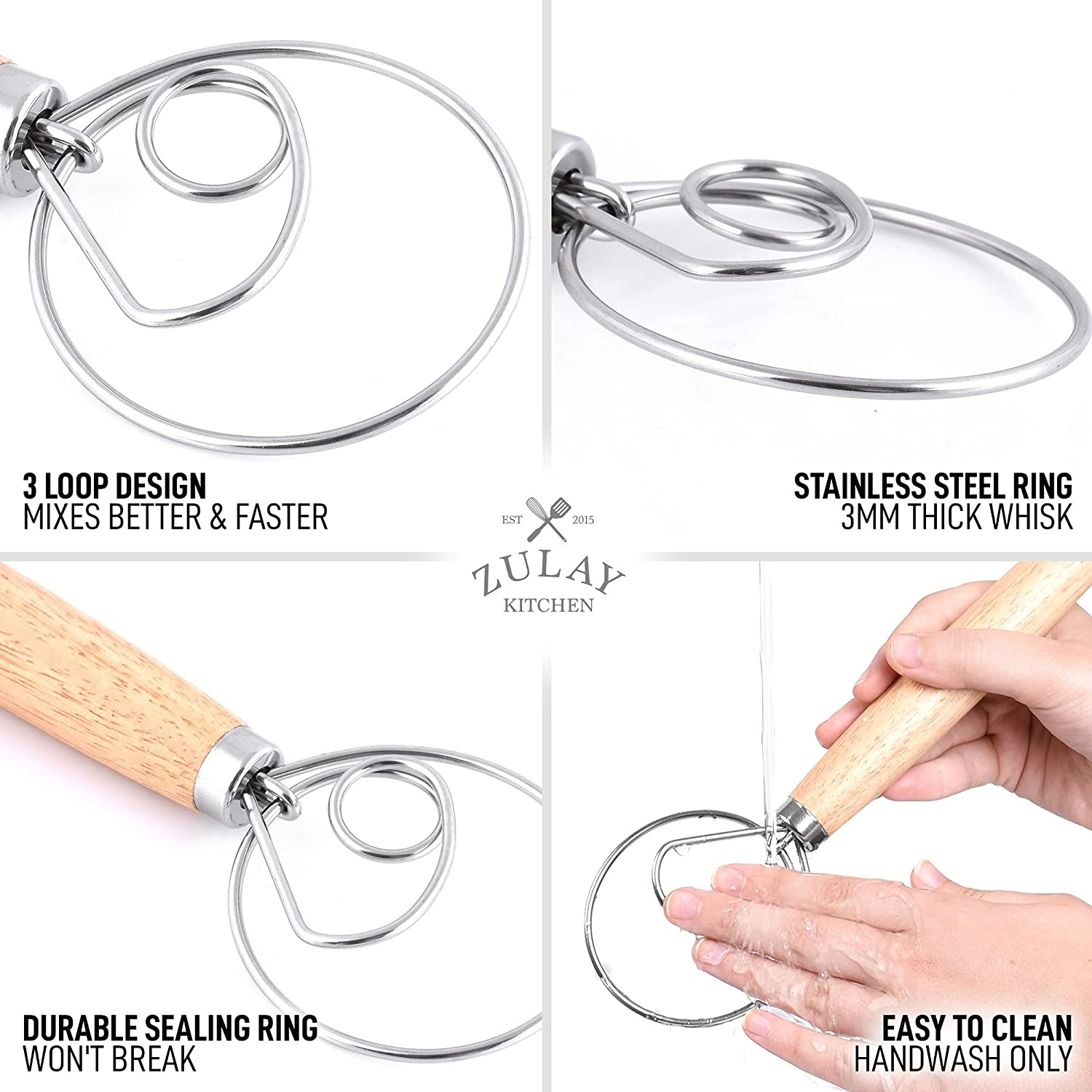 13 Inch Danish Dough Whisk - Large Wooden or Stainless Steel Whisk with Stainless Steel Ring