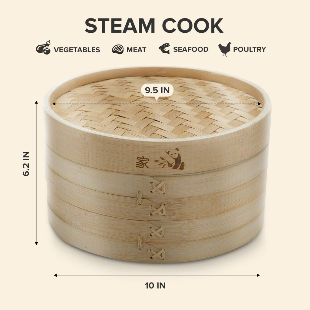 Bamboo Steamer Basket 10 Inch Or 12 inch- Dumpling Maker, Vegetable Steamer- 2 Sets of Chopsticks, 1 Sauce Dish & 50 Liners