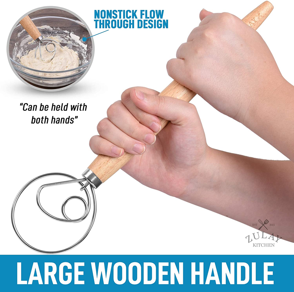 13 Inch Danish Dough Whisk - Large Wooden or Stainless Steel Whisk with Stainless Steel Ring