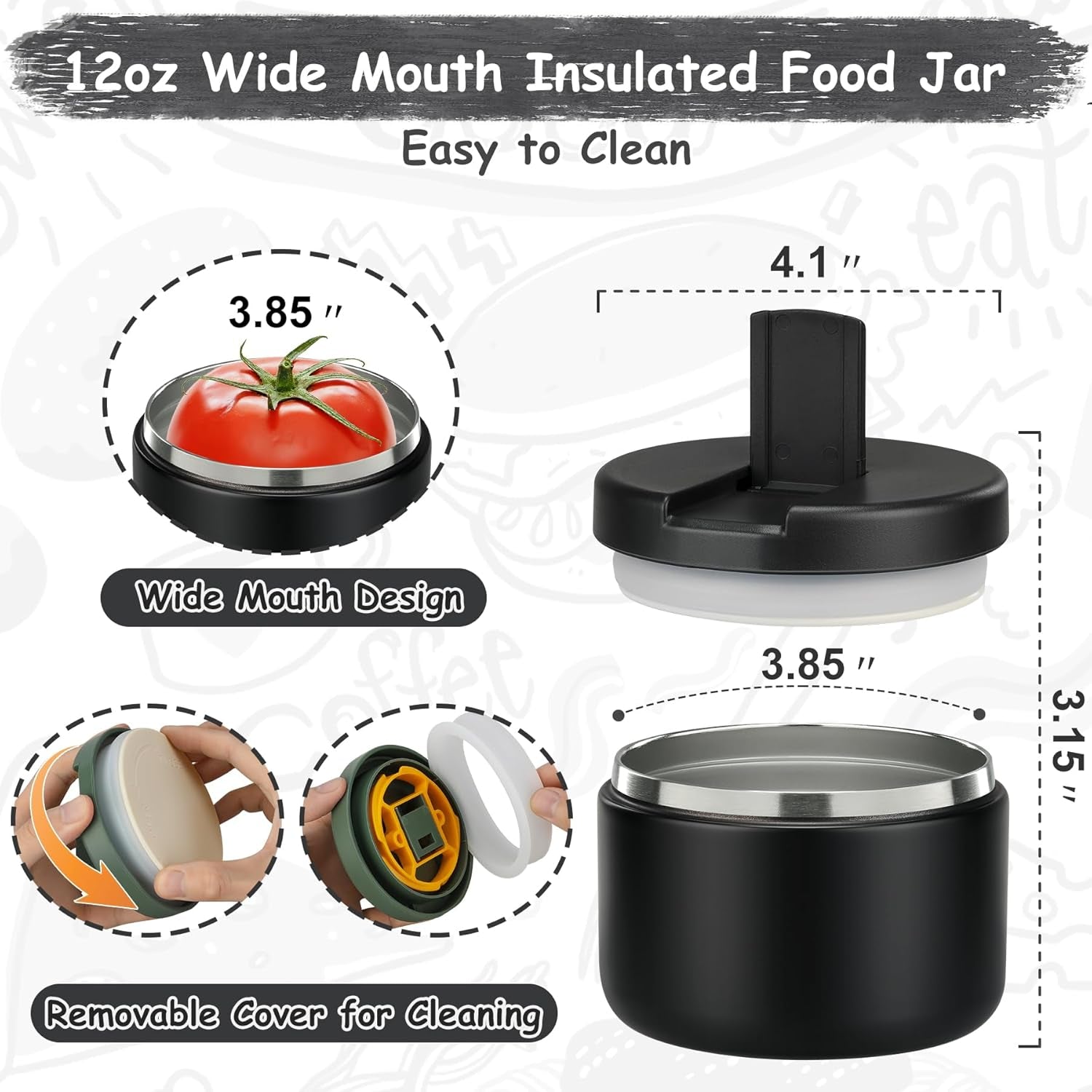 Insulated Vacuum Food Jar with Buckle Lid, Wide Mouth Soup Thermo. Leakproof & Stainless Steel Container- 19 oz or 12 oz
