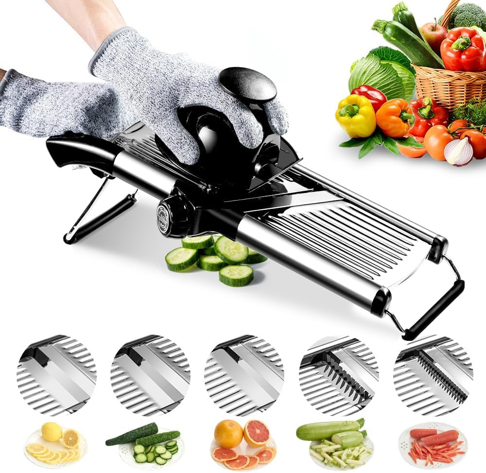 Adjustable Stainless Steel Mandoline Slicer, Chopper  Julienne Cutter with Free Cut-Resistant Gloves