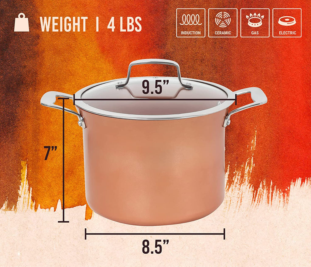7 QT Copper, Granite, or Sapphire Non Stick Stock Pot Casserole (Induction Compatible) With Glass Lid