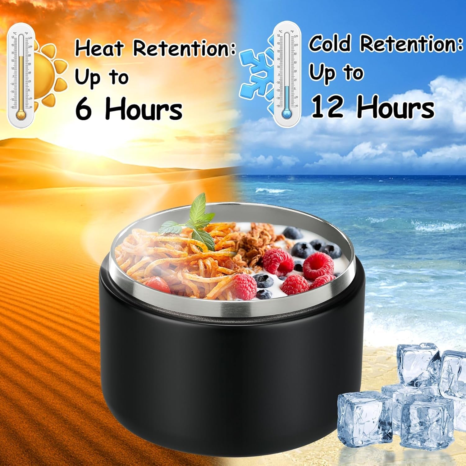 Insulated Vacuum Food Jar with Buckle Lid, Wide Mouth Soup Thermo. Leakproof & Stainless Steel Container- 19 oz or 12 oz