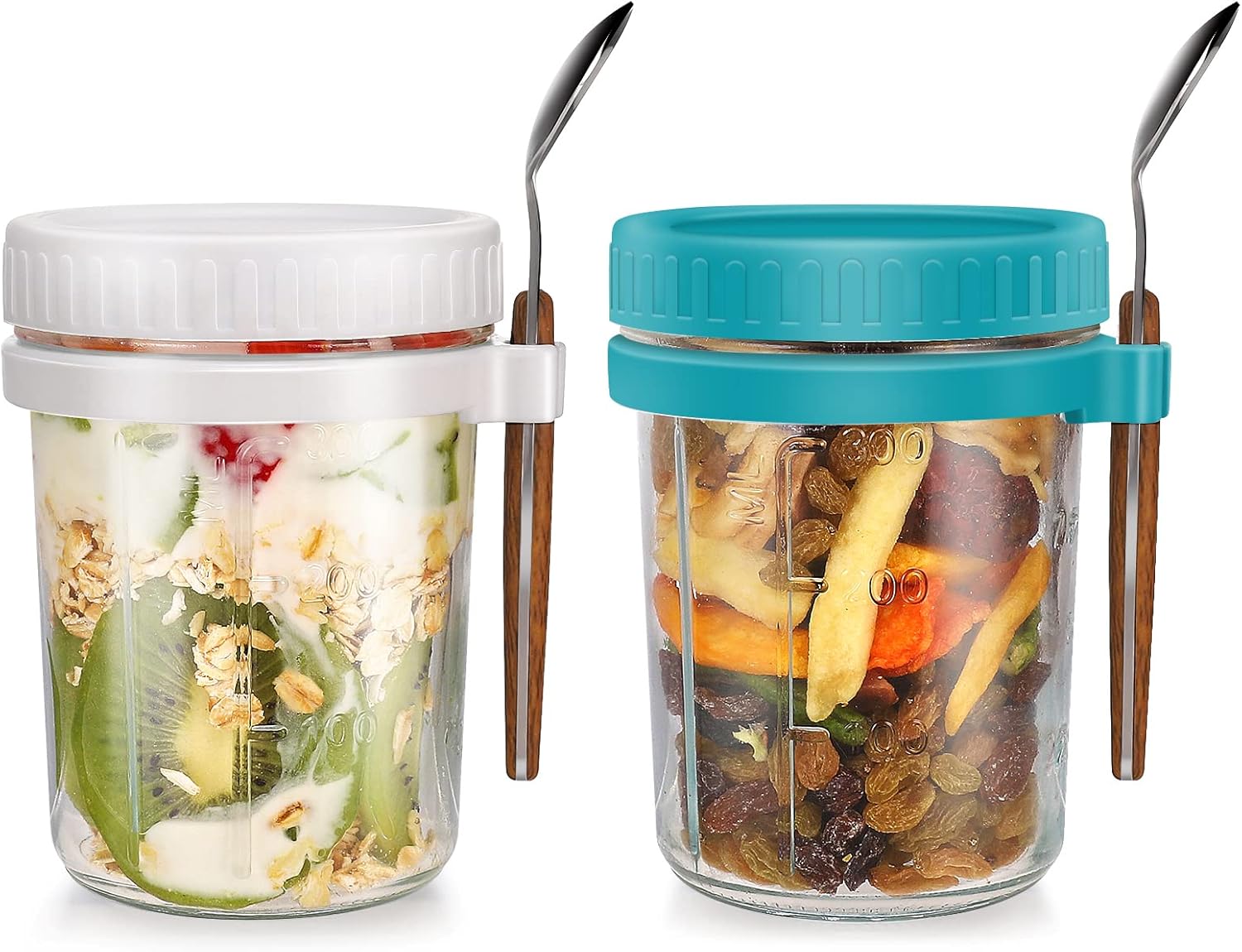 2 Overnight Oats Airtight Jars  With Lid And Spoon- 10 Oz