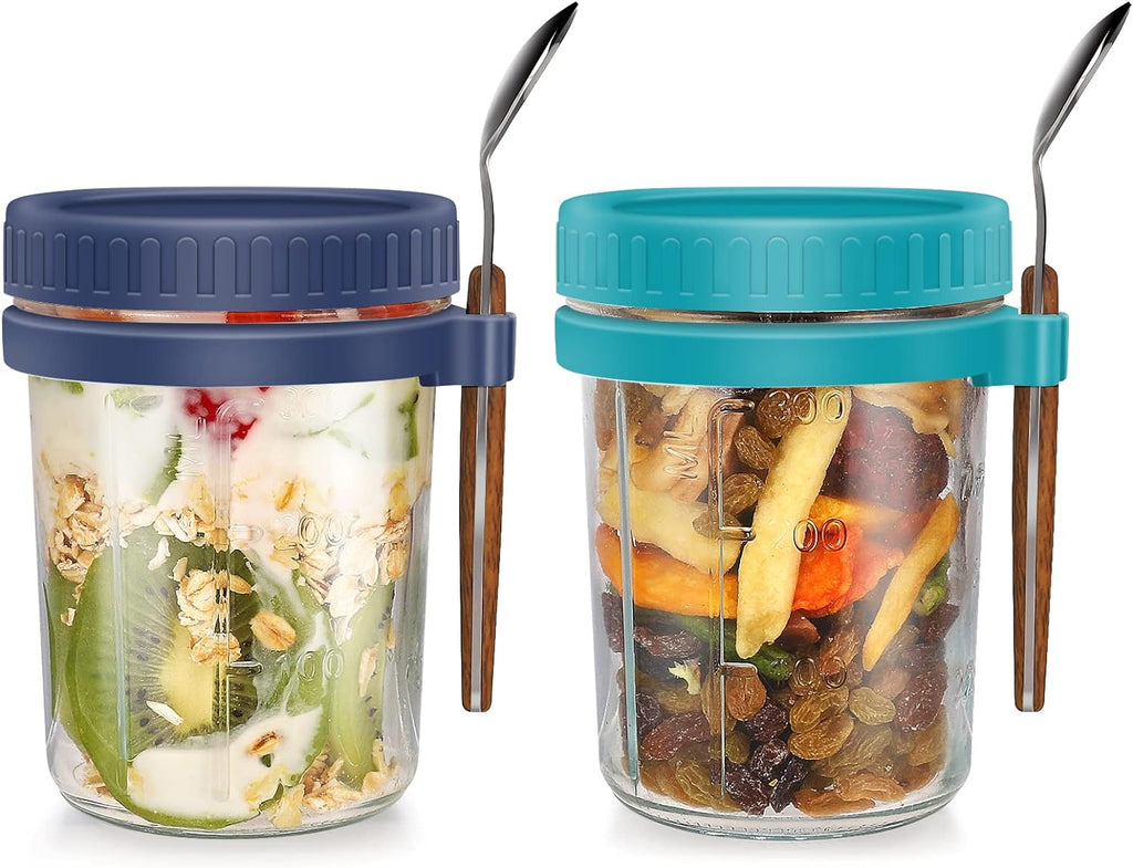 2 Overnight Oats Airtight Jars  With Lid And Spoon- 10 Oz
