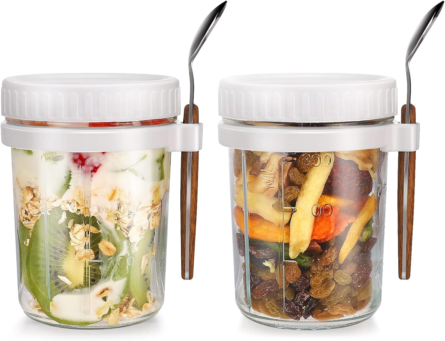 2 Overnight Oats Airtight Jars  With Lid And Spoon- 10 Oz