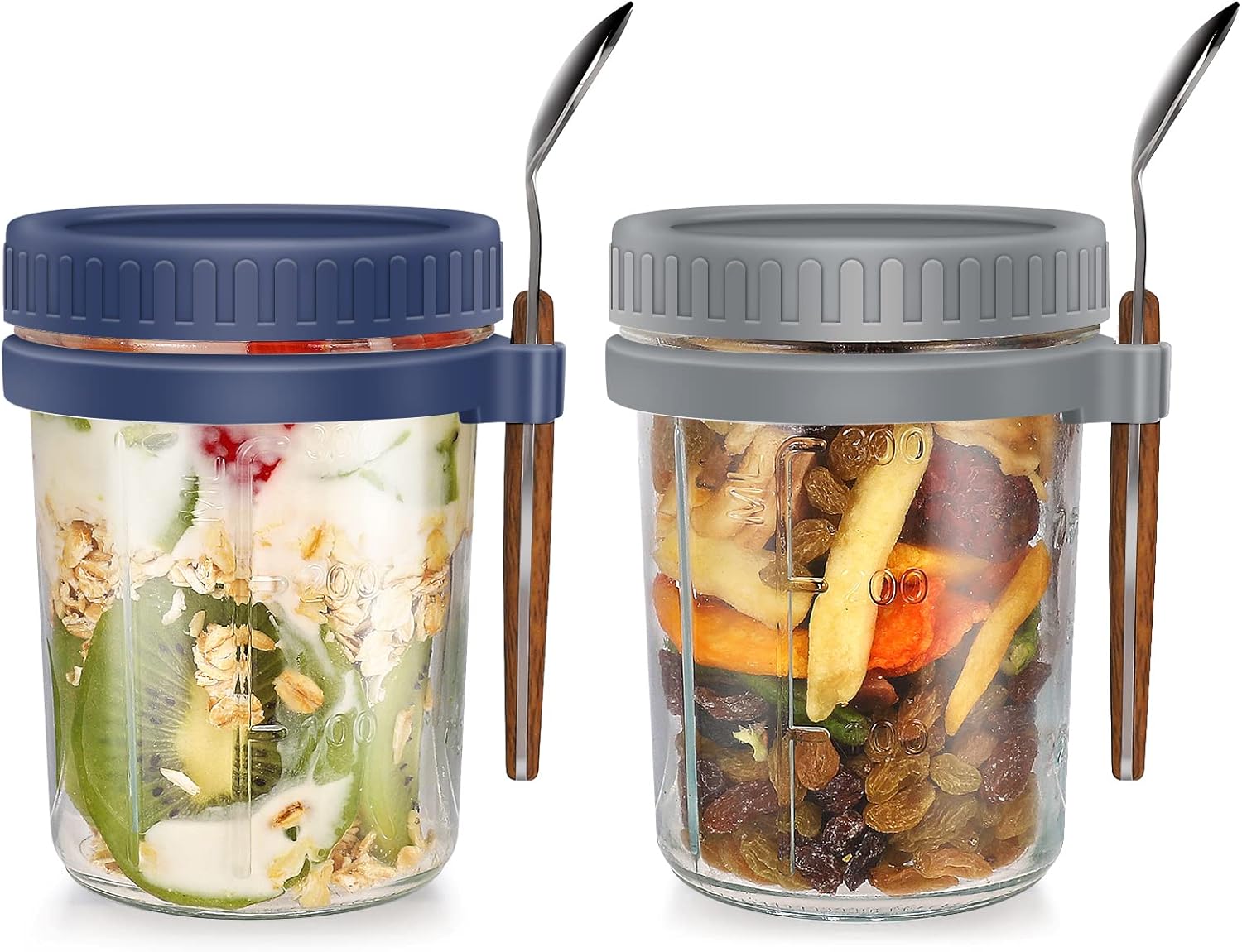 2 Overnight Oats Airtight Jars  With Lid And Spoon- 10 Oz