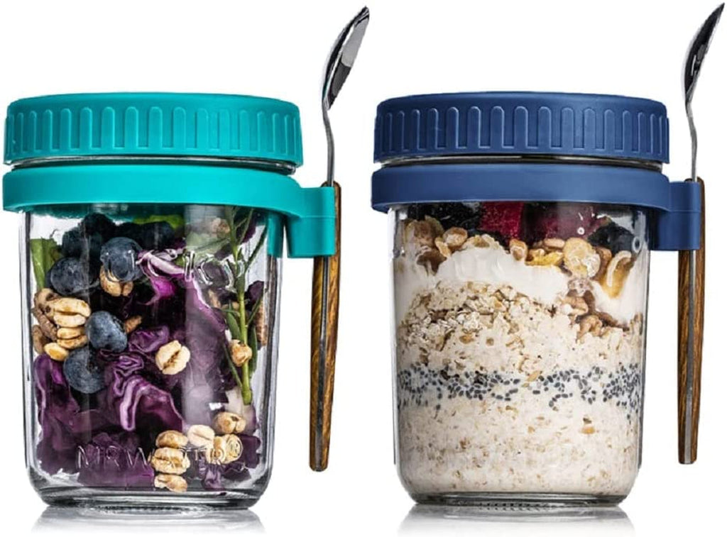 2 Overnight Oats Airtight Jars  With Lid And Spoon- 10 Oz
