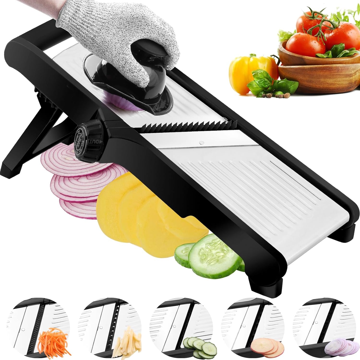 Adjustable Stainless Steel Mandoline Slicer, Chopper  Julienne Cutter with Free Cut-Resistant Gloves
