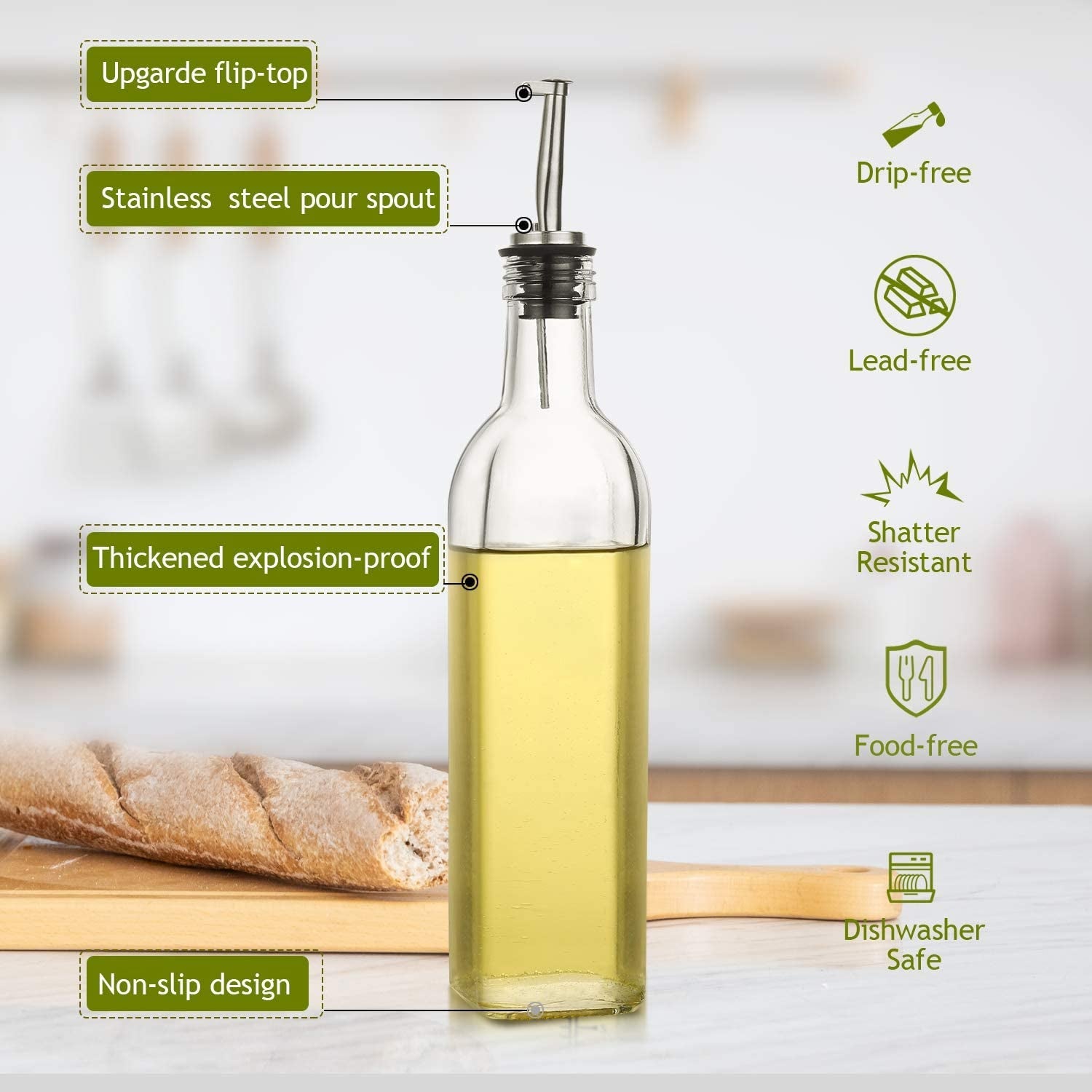 2 PACK, 17 Oz Glass Olive Oil Dispenser Bottle Set - 500ML