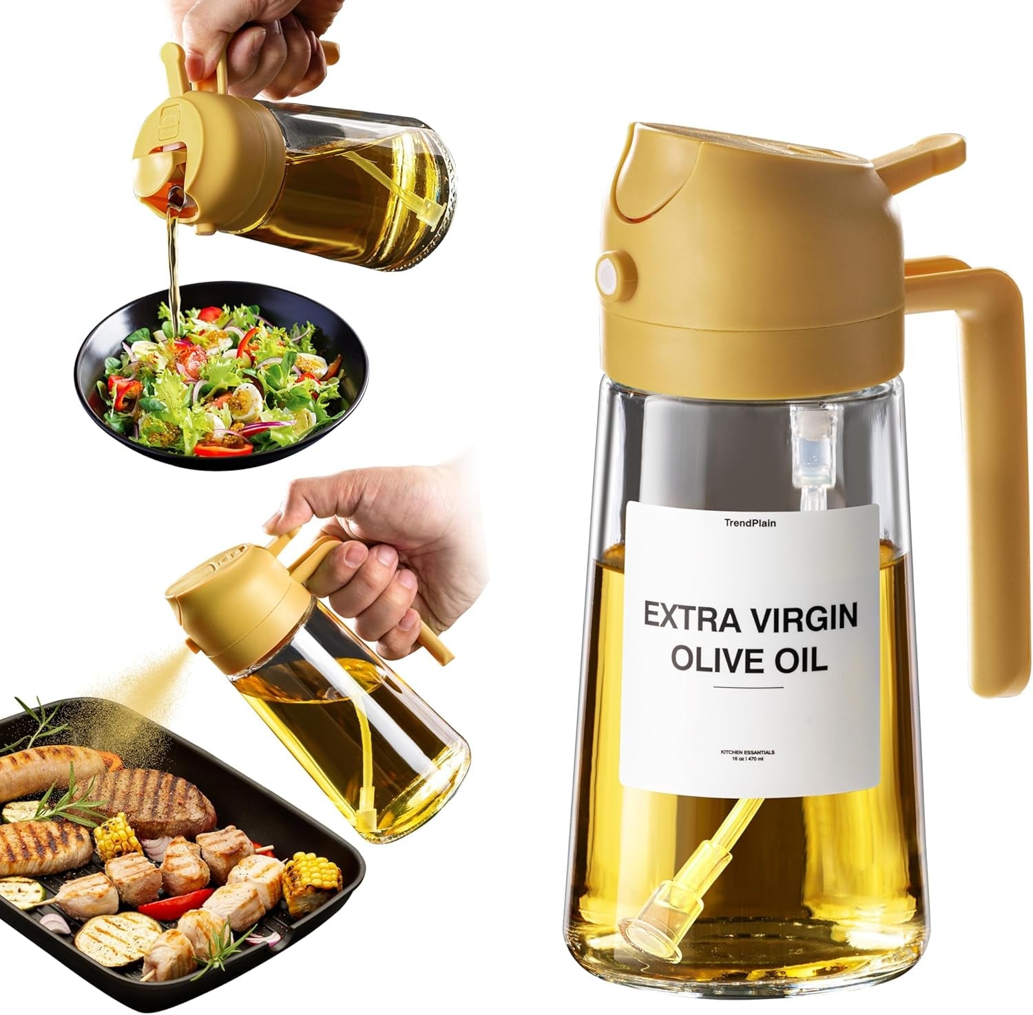 16 Oz Oil Dispenser Bottle for Kitchen - 2 in 1 Olive Oil Dispenser and Oil Sprayer - 470Ml Olive Oil Bottle