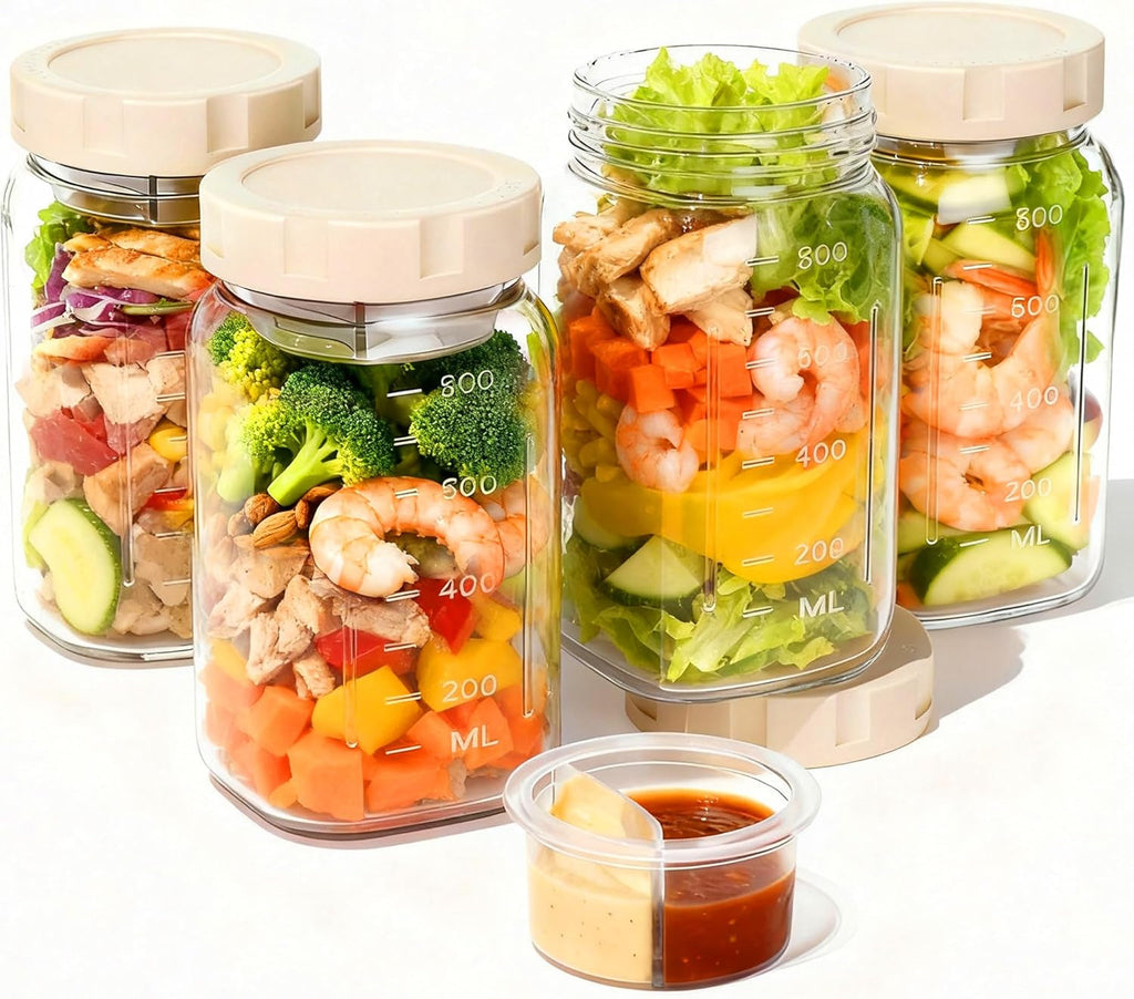Glass Leakproof Salad Jars With Lids and Dressing Cup
