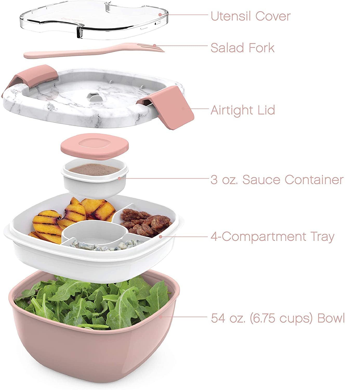 Salad - Stackable Lunch Container with Large Salad Bowl, 4-Compartment Bento-Style Tray for Toppings And Sauce Container