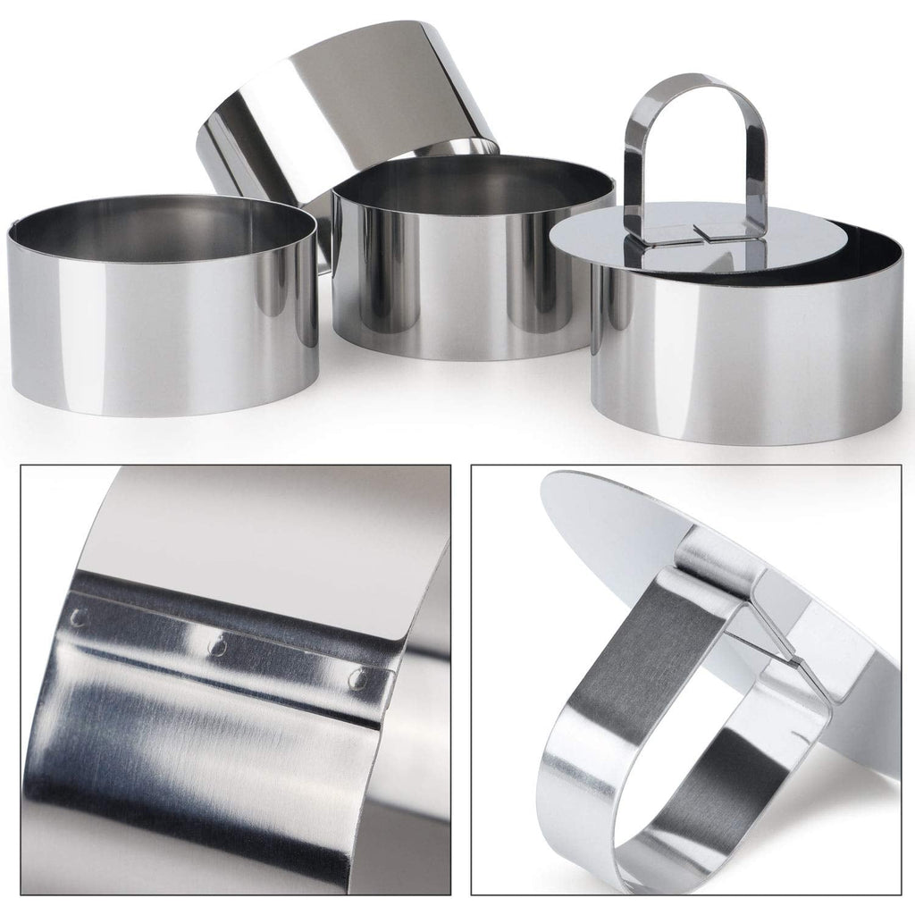 Set of 4 Or 5 Round Cake Ring Mold, Stainless Steel 3 Inch Dessert Mousse Molds with Pusher & Lifter Cooking Rings, Tuna Tartare Mold