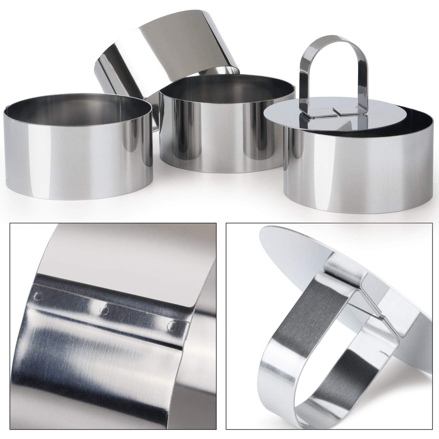 Set of 4 Or 5 Round Cake Ring Mold, Stainless Steel 3 Inch Dessert Mousse Molds with Pusher & Lifter Cooking Rings, Tuna Tartare Mold