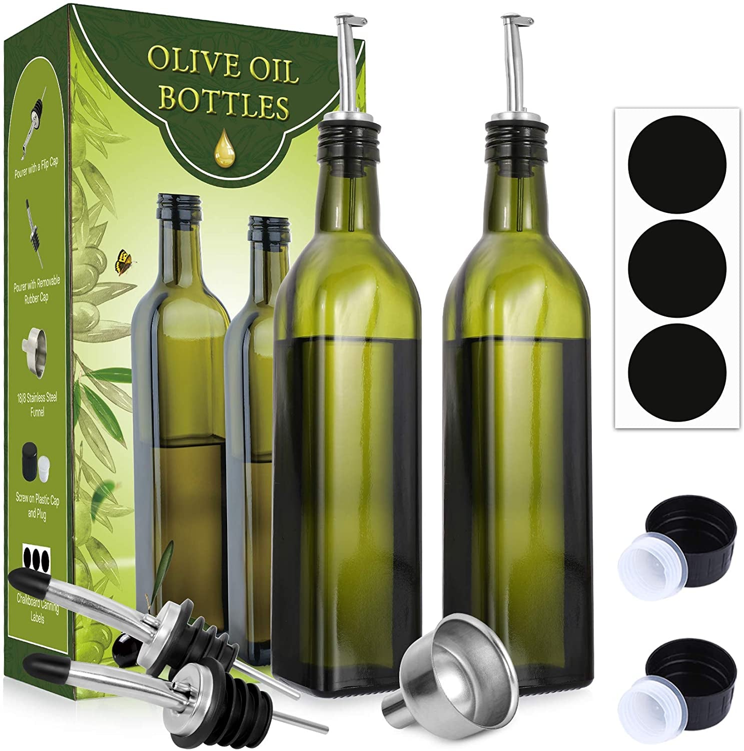 2 PACK, 17 Oz Glass Olive Oil Dispenser Bottle Set - 500ML