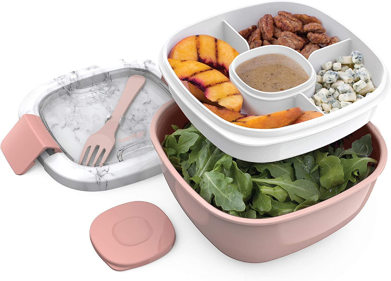 Salad - Stackable Lunch Container with Large Salad Bowl, 4-Compartment Bento-Style Tray for Toppings And Sauce Container