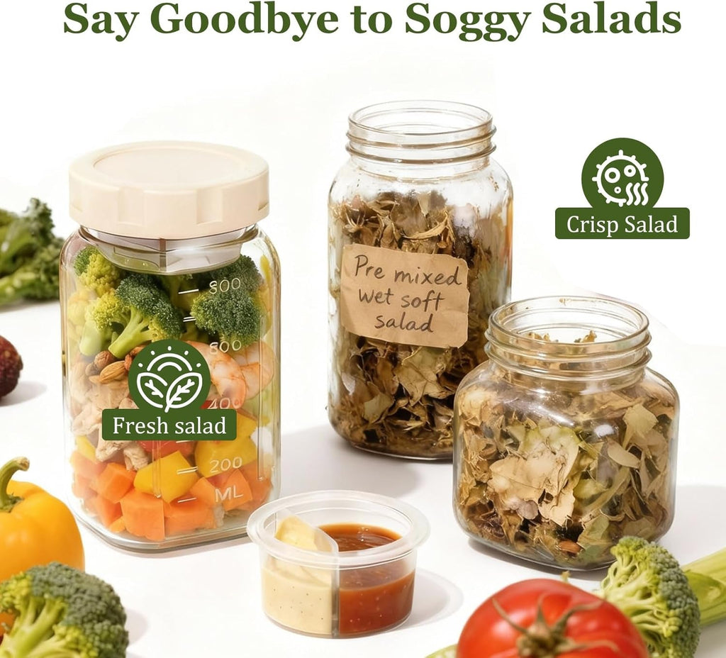 Glass Leakproof Salad Jars With Lids and Dressing Cup
