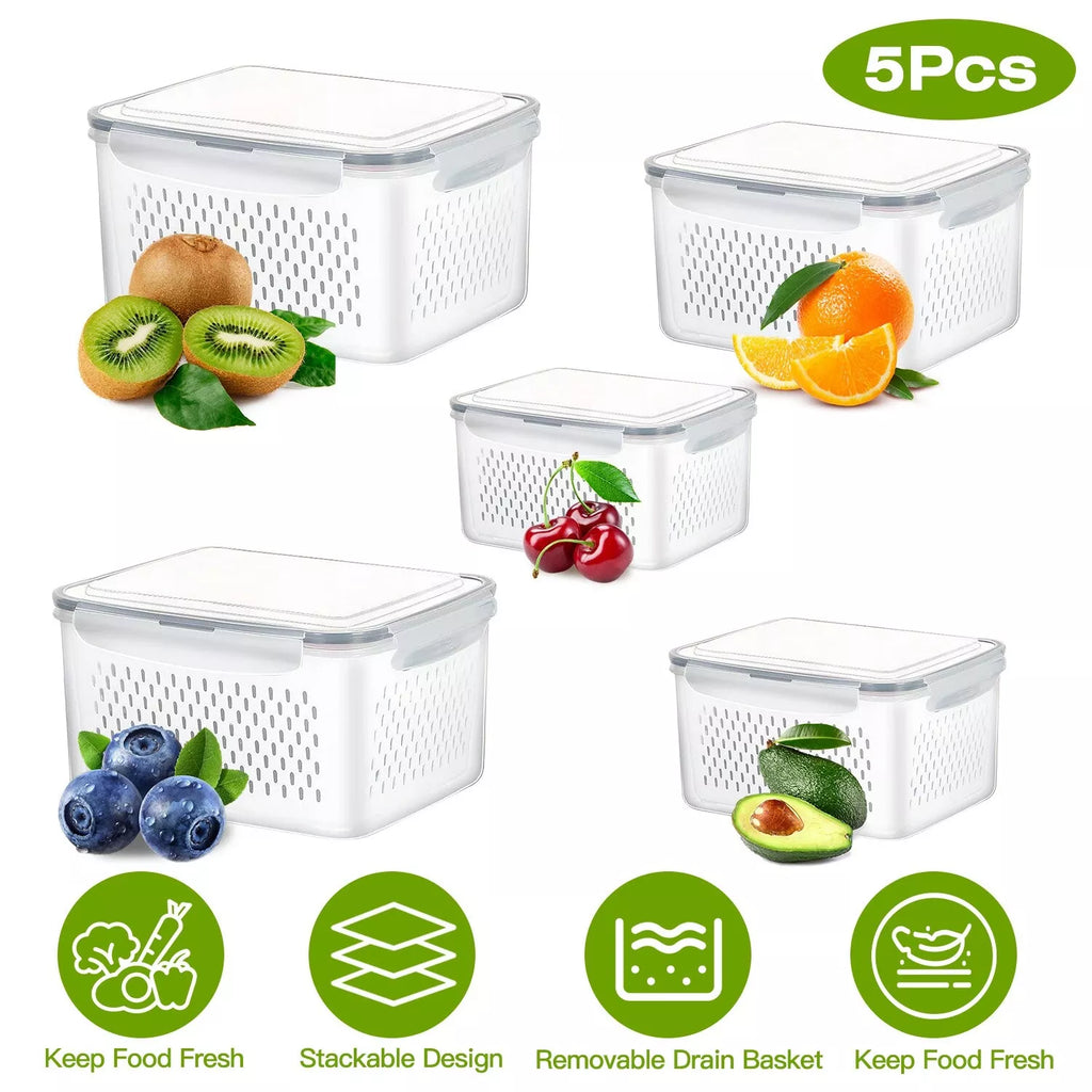 5-Pieces Fruit Vegetable Storage Containers For For Fridge With Lids & Colanders