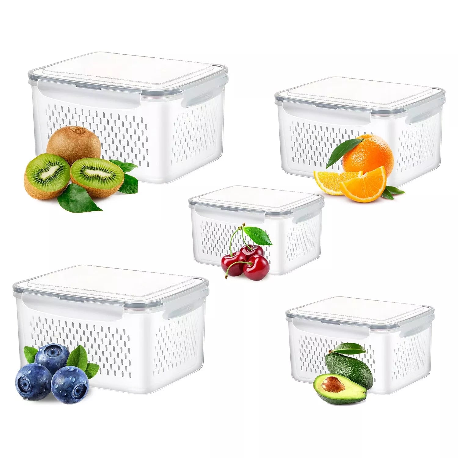 5-Pieces Fruit Vegetable Storage Containers For For Fridge With Lids & Colanders