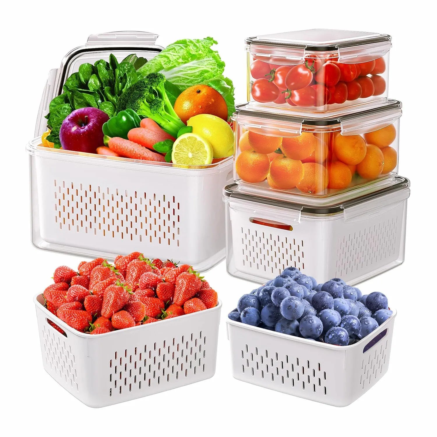5-Pieces Fruit Vegetable Storage Containers For For Fridge With Lids & Colanders