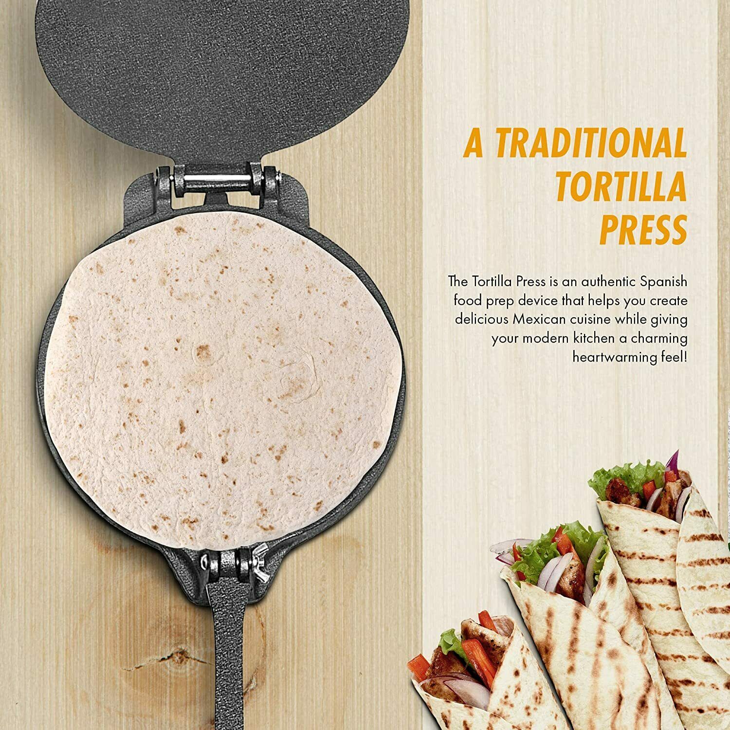 Pre-Seasoned 8" Cast Iron Tortilla Press For Rotis, Quesadilla Maker