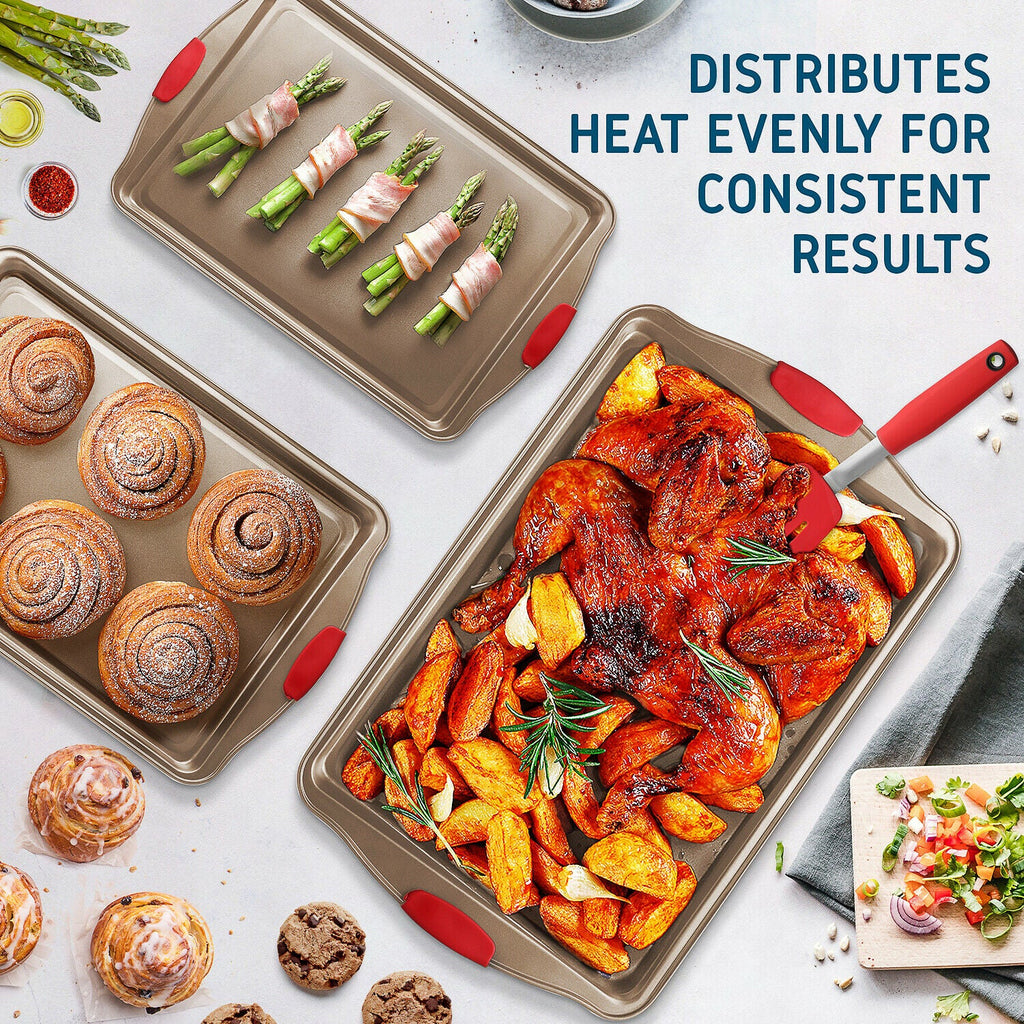 6 Piece Baking Sheet Pan Set Nonstick Cookie Sheets Spatula and Silicon Brushes