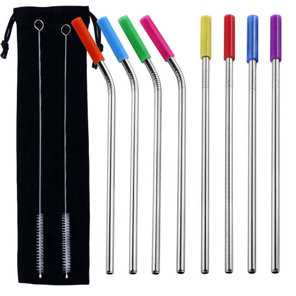 8 Pcs Stainless Steel Metal Drinking Reusable Straws + Cleaner Brush Kit