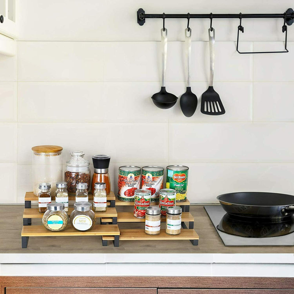 3 Tier Expandable Spice Rack Step Shelf Bamboo Organizer for Kitchen Cabinet