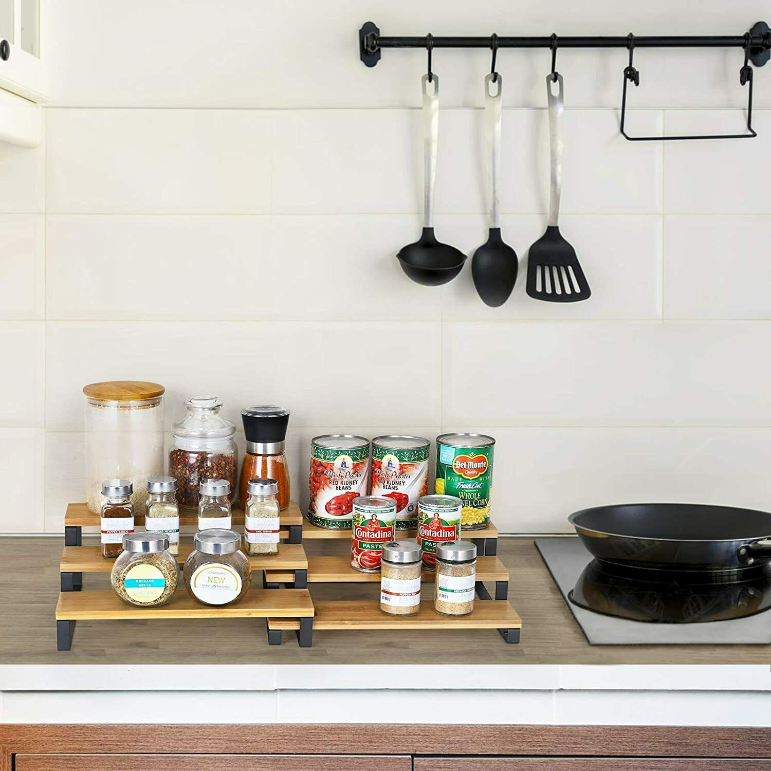 3 Tier Expandable Spice Rack Step Shelf Bamboo Organizer for Kitchen Cabinet