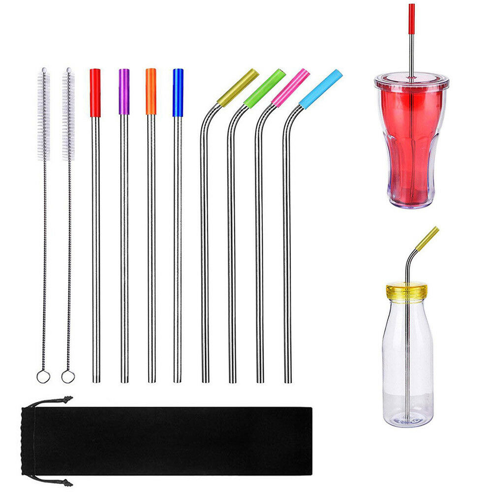 8 Pcs Stainless Steel Metal Drinking Reusable Straws + Cleaner Brush Kit