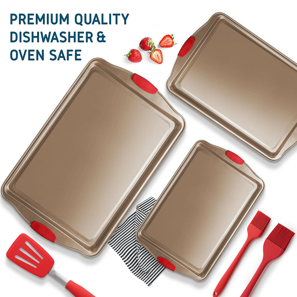 6 Piece Baking Sheet Pan Set Nonstick Cookie Sheets Spatula and Silicon Brushes