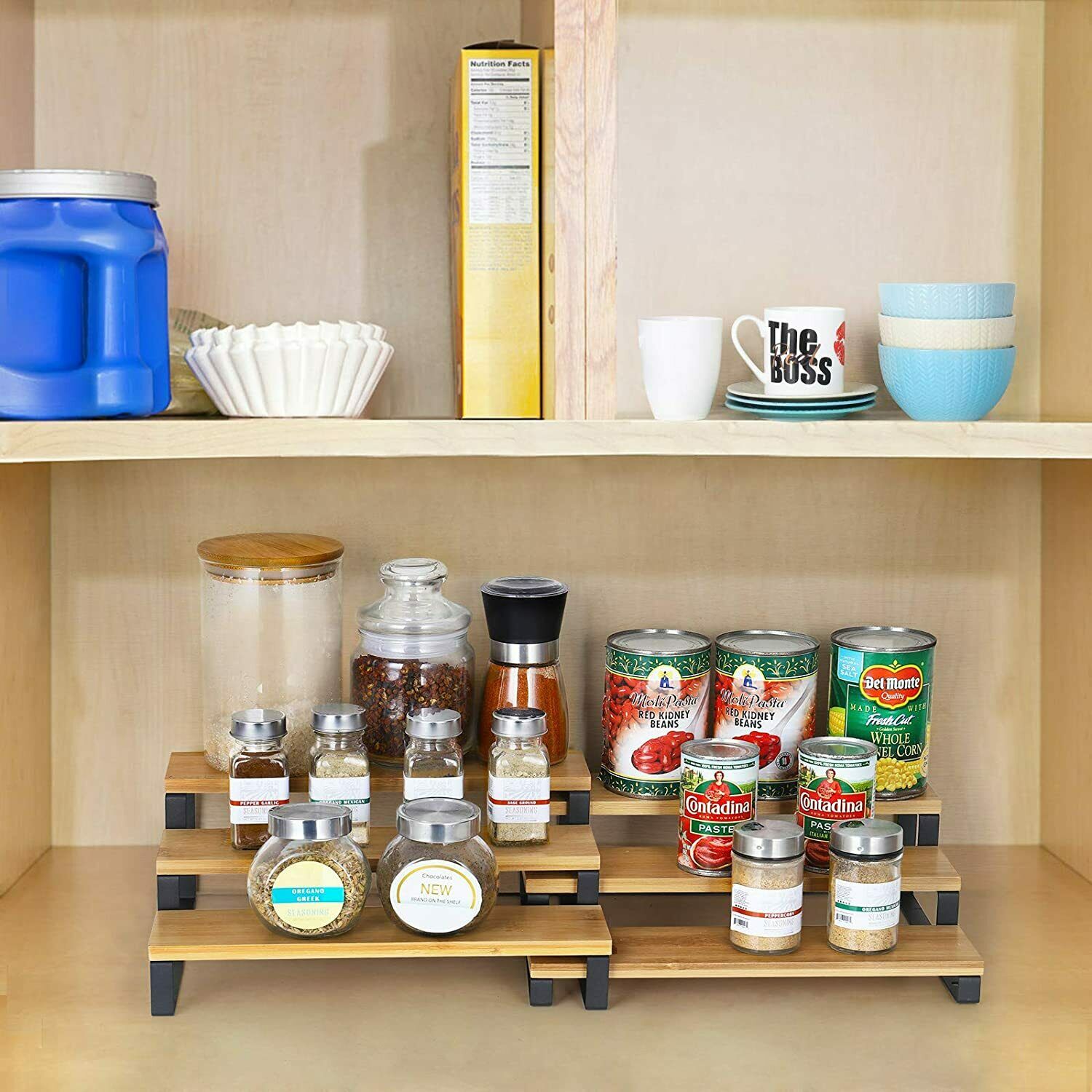 3 Tier Expandable Spice Rack Step Shelf Bamboo Organizer for Kitchen Cabinet