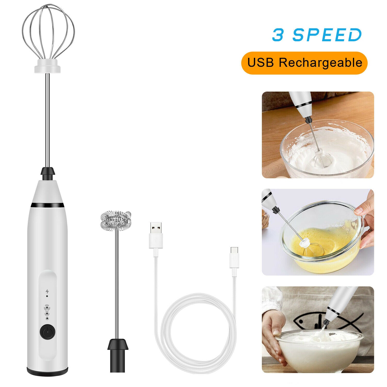 3 Pc Handheld Electric Milk Frother and Egg Beater, USB Charged