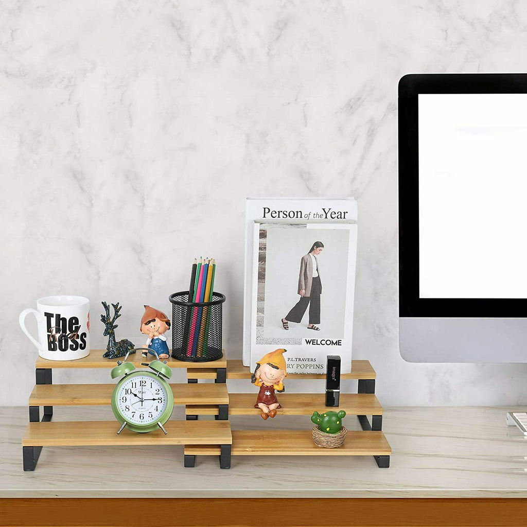 3 Tier Expandable Spice Rack Step Shelf Bamboo Organizer for Kitchen Cabinet