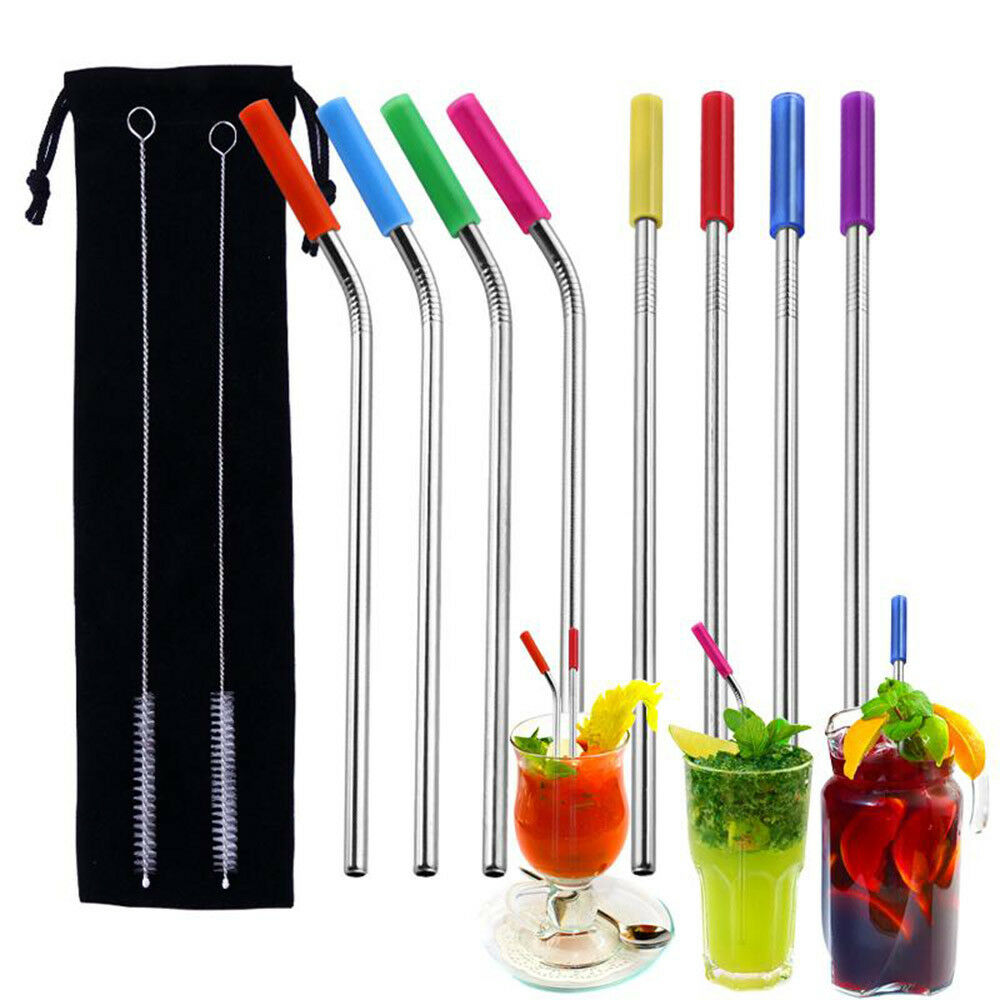 8 Pcs Stainless Steel Metal Drinking Reusable Straws + Cleaner Brush Kit