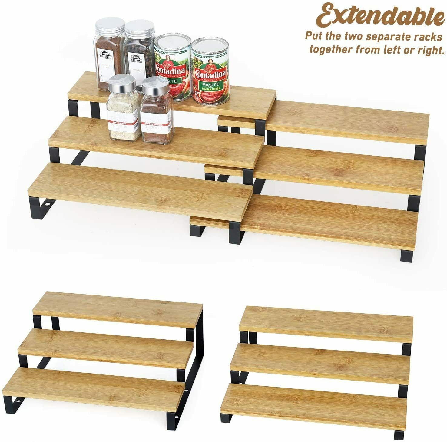 3 Tier Expandable Spice Rack Step Shelf Bamboo Organizer for Kitchen Cabinet