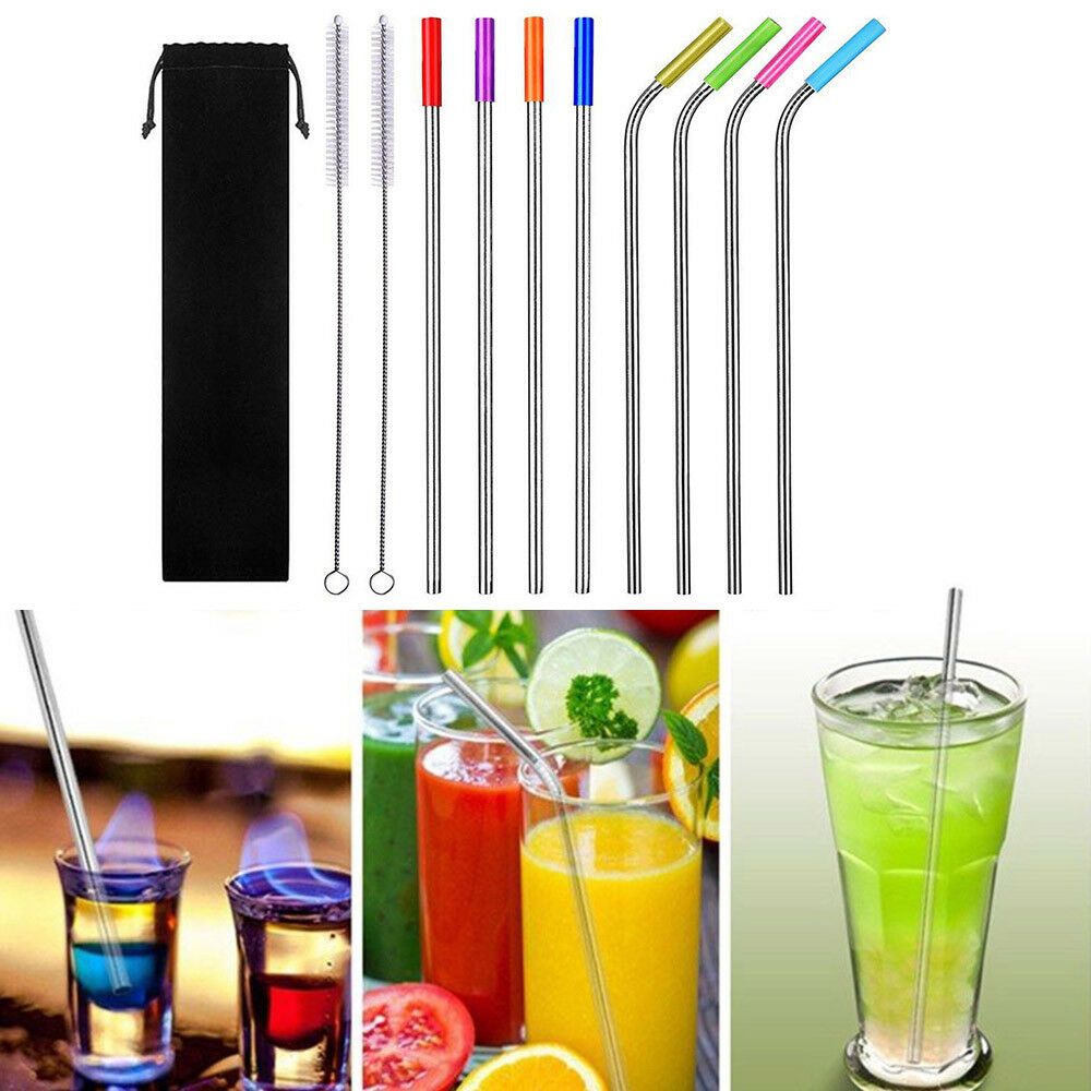8 Pcs Stainless Steel Metal Drinking Reusable Straws + Cleaner Brush Kit