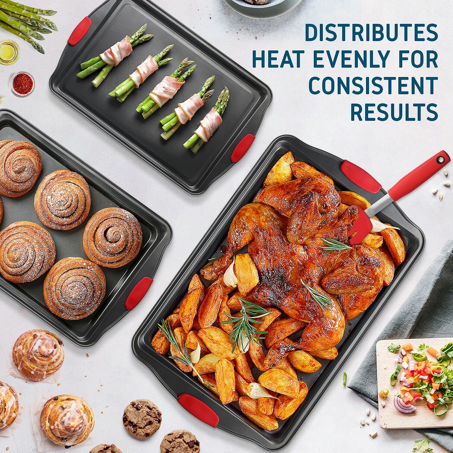 6 Piece Baking Sheet Pan Set Nonstick Cookie Sheets Spatula and Silicon Brushes