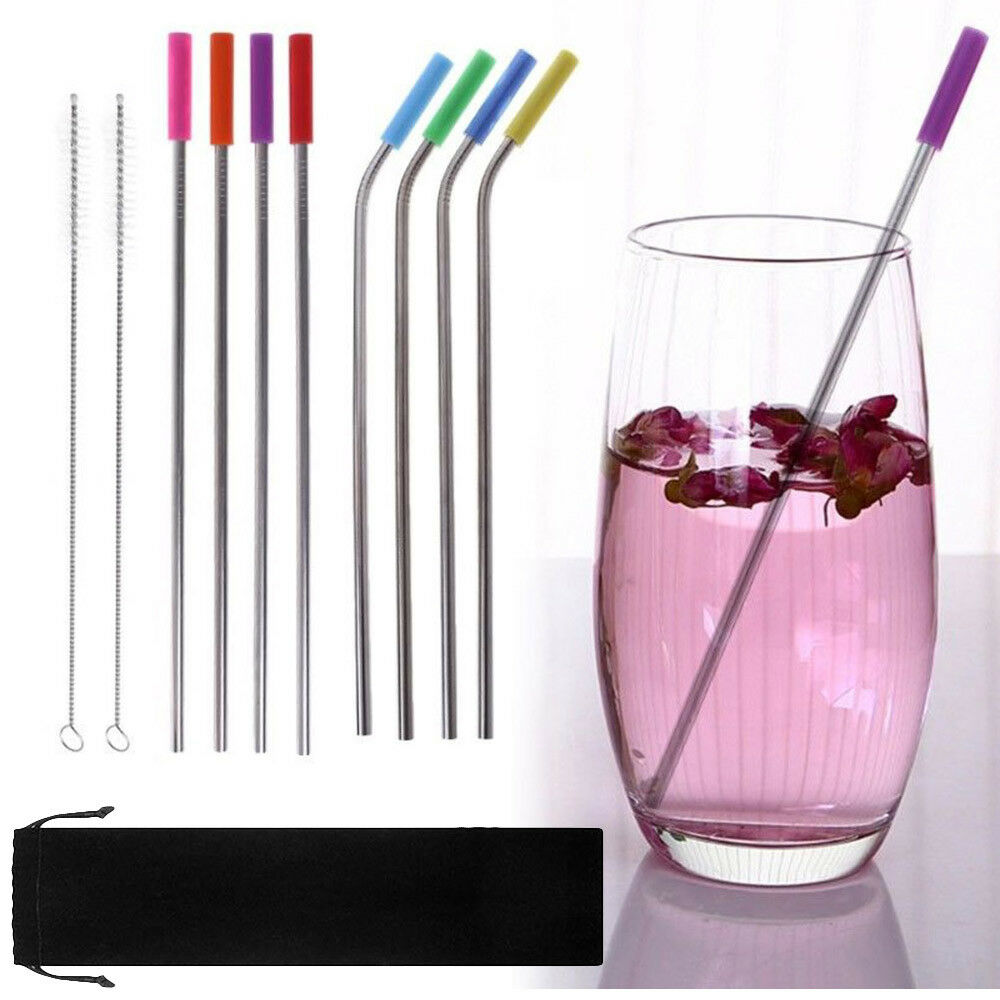 8 Pcs Stainless Steel Metal Drinking Reusable Straws + Cleaner Brush Kit