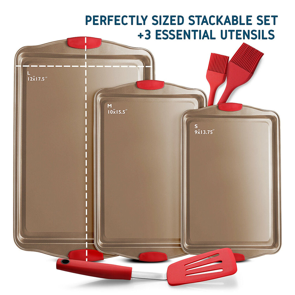 6 Piece Baking Sheet Pan Set Nonstick Cookie Sheets Spatula and Silicon Brushes