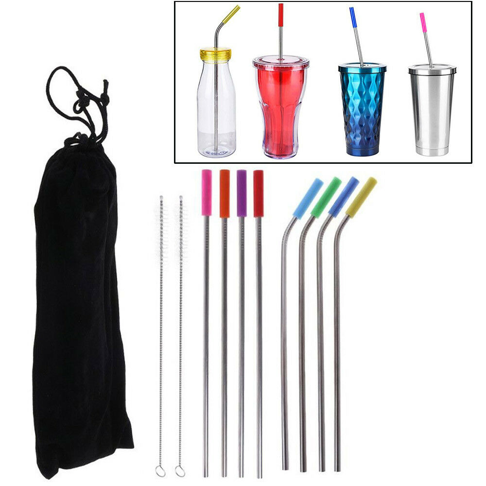 8 Pcs Stainless Steel Metal Drinking Reusable Straws + Cleaner Brush Kit