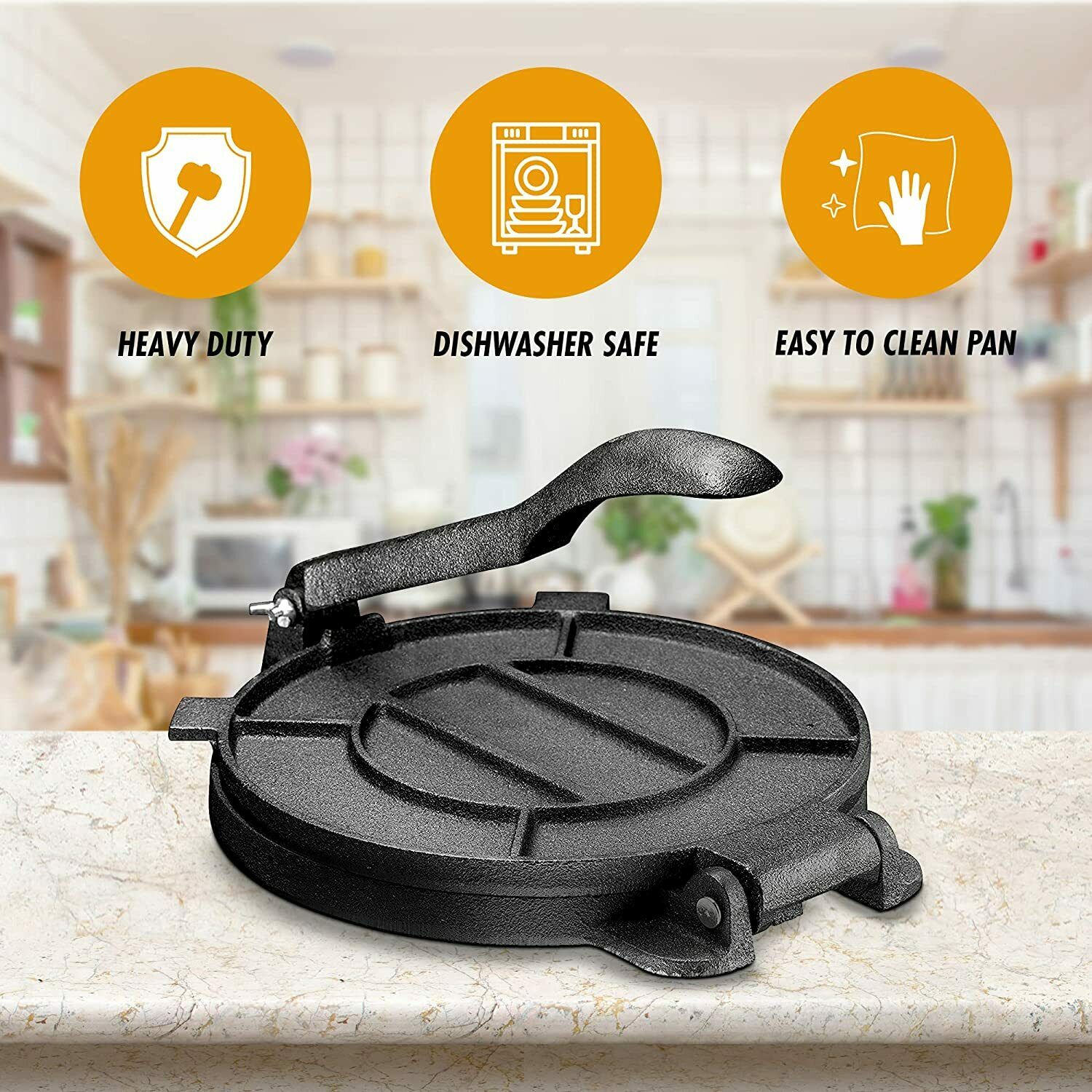 Pre-Seasoned 8" Cast Iron Tortilla Press For Rotis, Quesadilla Maker